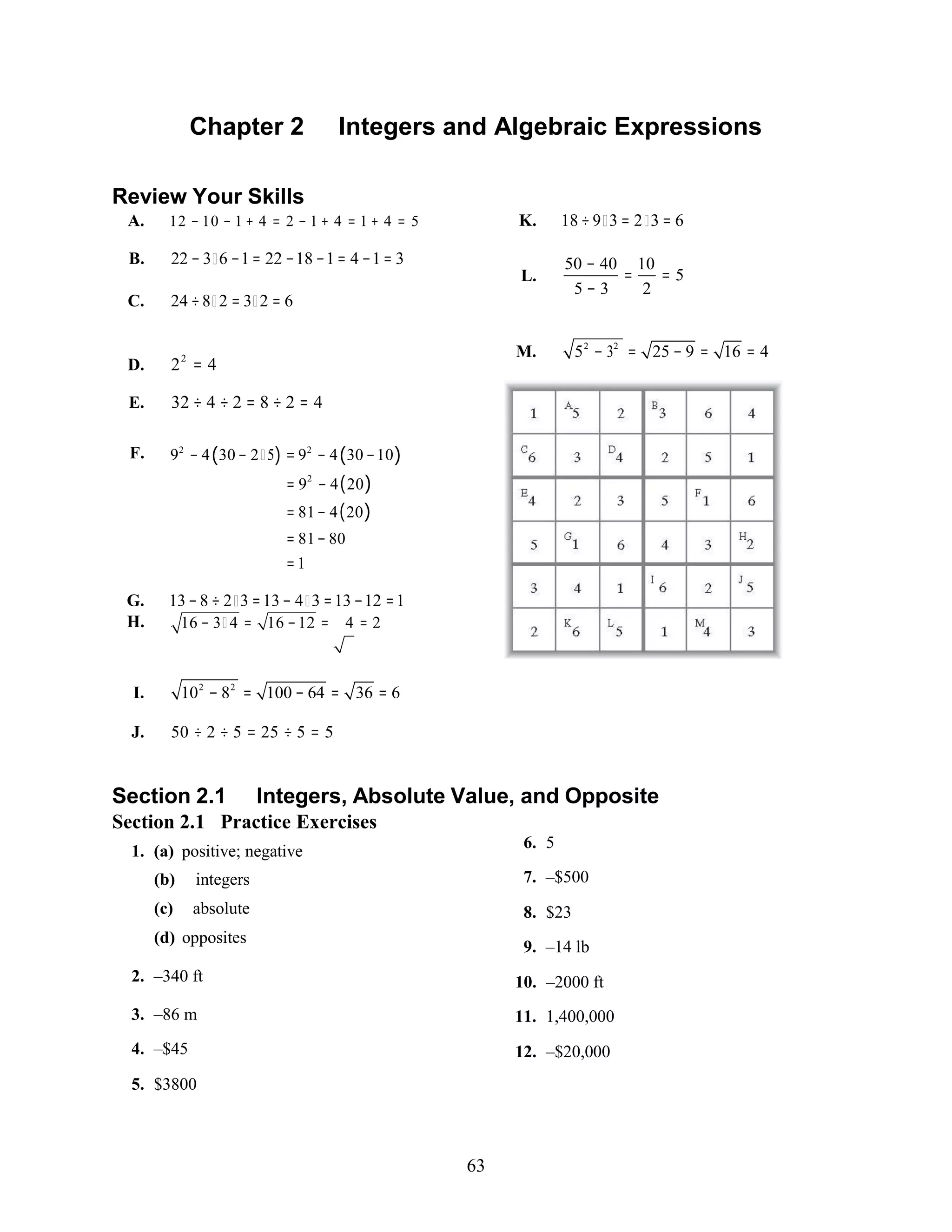 63
Chapter 2 Integers and Algebraic Expressions
Review Your Skills
A. 12 − 10 − 1 + 4 = 2 − 1 + 4 = 1 + 4 = 5
B. 22 − 3 6 −1= 22 −18 −1= 4 −1= 3
C. 24 ÷8 2 = 3 2 = 6
K. 18 ÷9 3 = 2 3 = 6
50 − 40 10
L. = = 5
5 − 3 2
D. 22
= 4
E. 32 ÷ 4 ÷ 2 = 8 ÷ 2 = 4
M. 52
− 32
= 25 − 9 = 16 = 4
F. 92
− 4(30 − 2 5) = 92
− 4(30 −10)
= 92
− 4(20)
= 81− 4(20)
= 81− 80
=1
G. 13−8 ÷ 2 3 =13− 4 3 =13 −12 =1
H. 16 − 3 4 = 16 −12 = 4 = 2
I. 102
− 82
= 100 − 64 = 36 = 6
J. 50 ÷ 2 ÷ 5 = 25 ÷ 5 = 5
Section 2.1 Integers, Absolute Value, and Opposite
Section 2.1 Practice Exercises
1. (a) positive; negative
(b) integers
(c) absolute
(d) opposites
2. –340 ft
3. –86 m
4. –$45
5. $3800
6. 5
7. –$500
8. $23
9. –14 lb
10. –2000 ft
11. 1,400,000
12. –$20,000
 