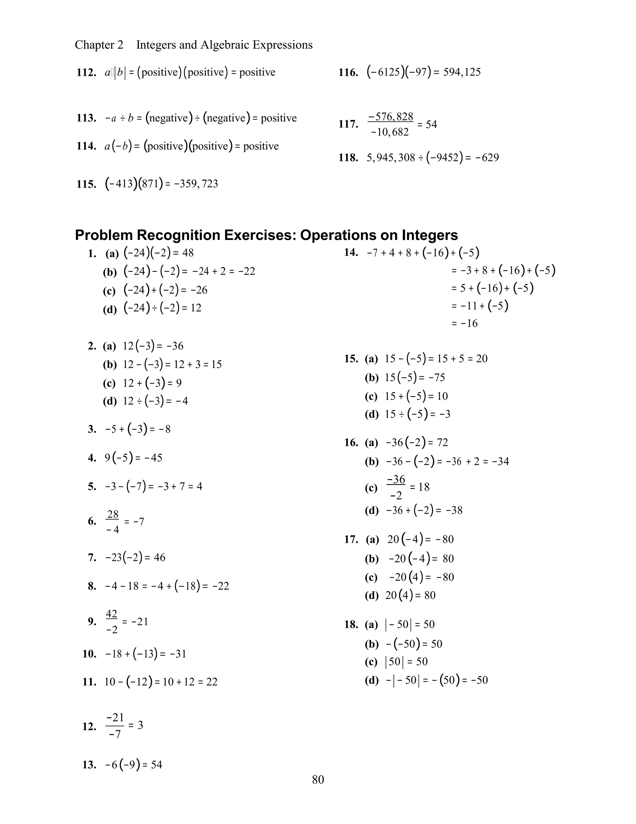 80
Chapter 2 Integers and Algebraic Expressions
112. a b = (positive)(positive) = positive 116. (−6125)(−97)= 594,125
113. −a ÷ b = (negative)÷ (negative)= positive
114. a(−b)= (positive)(positive)= positive
117.
−576,828
= 54
−10,682
118. 5,945,308 ÷(−9452)= −629
115. (−413)(871)= −359,723
Problem Recognition Exercises: Operations on Integers
1. (a)
(b)
(c)
(d)
(−24)(−2)= 48
(−24)− (−2)= −24 + 2 = −22
(−24)+(−2)= −26
(−24)÷(−2)= 12
14. −7 + 4 + 8 + (−16)+ (−5)
= −3+ 8 + (−16)+(−5)
= 5 + (−16)+ (−5)
= −11+ (−5)
= −16
2. (a) 12(−3)= −36
(b) 12 −(−3)= 12 + 3 =15
(c) 12 + (−3)= 9
(d) 12 ÷(−3)= −4
3. −5 + (−3)= −8
4. 9(−5)= −45
5. −3−(−7)= −3+ 7 = 4
6.
28
= −7
− 4
7. −23(−2)= 46
8. −4 −18 = −4 + (−18)= −22
9.
42
= −21
−2
10. −18 +(−13)= −31
11. 10 −(−12)= 10 +12 = 22
15. (a) 15 −(−5)= 15 + 5 = 20
(b) 15(−5)= −75
(c) 15 +(−5)= 10
(d) 15 ÷ (−5)= −3
16. (a) −36(−2)= 72
(b) −36 − (−2)= −36 + 2 = −34
−36
(c) = 18
−2
(d) −36 + (−2)= −38
17. (a) 20(−4)= −80
(b) −20(−4)= 80
(c) −20(4)= −80
(d) 20(4)= 80
18. (a) − 50 = 50
(b) −(−50)= 50
(c) 50 = 50
(d) − − 50 = −(50)= −50
12.
−21
= 3
−7
13. −6(−9)= 54
 