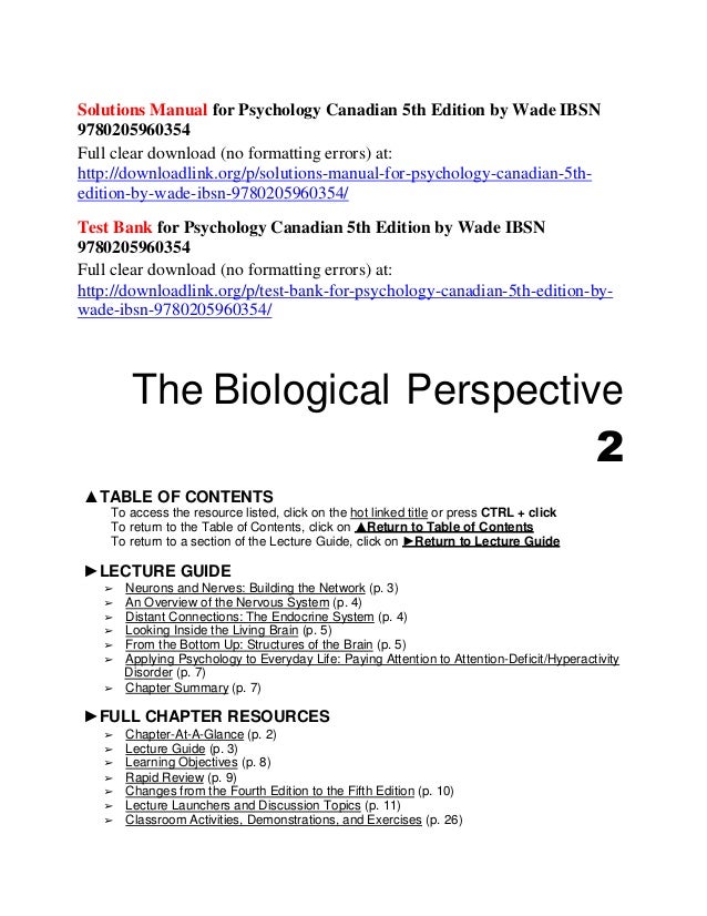 Solutions Manual For Psychology Canadian 5th Edition By Wade