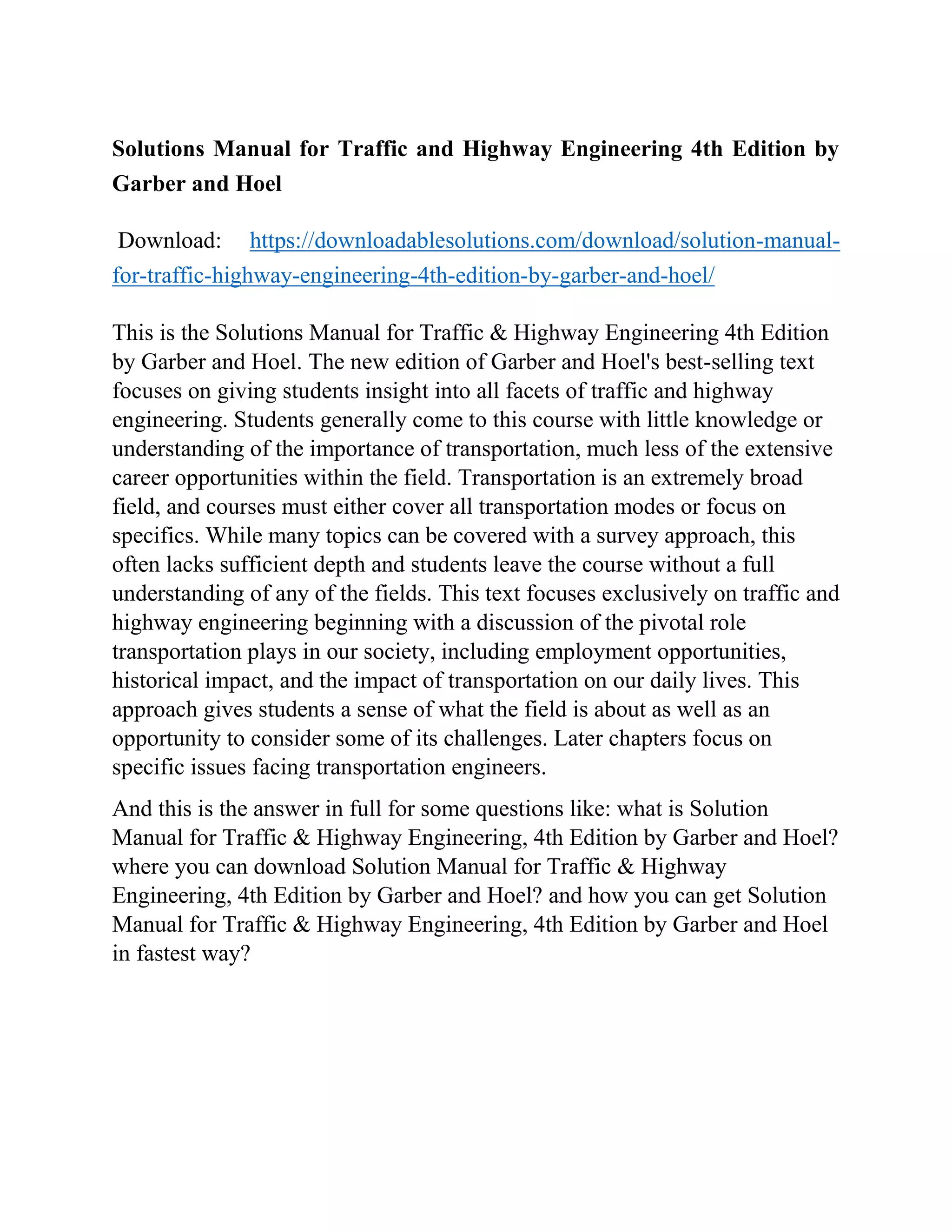 Solutions Manual for Traffic and Highway Engineering 4th Edition by ...