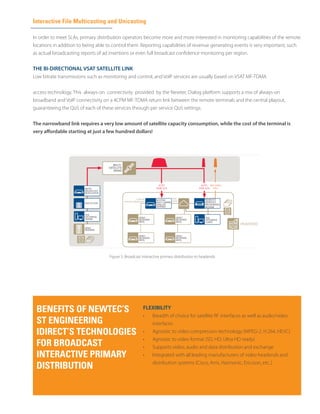 BENEFITS OF NEWTEC’S
ST ENGINEERING
IDIRECT’S TECHNOLOGIES
FOR BROADCAST
INTERACTIVE PRIMARY
DISTRIBUTION
Interactive File Multicasting and Unicasting
In order to meet SLAs, primary distribution operators become more and more interested in monitoring capabilities of the remote
locations in addition to being able to control them. Reporting capabilities of revenue generating events is very important, such
as actual broadcasting reports of ad insertions or even full broadcast confidence monitoring per region.
THE BI-DIRECTIONAL VSAT SATELLITE LINK
Low bitrate transmissions such as monitoring and control, and VoIP services are usually based on VSAT MF-TDMA
access technology. This always-on connectivity provided by the Newtec Dialog platform supports a mix of always-on
broadband and VoIP connectivity on a 4CPM MF-TDMA return link between the remote terminals and the central playout,
guaranteeing the QoS of each of these services through per service QoS settings.
The narrowband link requires a very low amount of satellite capacity consumption, while the cost of the terminal is
very affordable starting at just a few hundred dollars!
Figure 5: Broadcast interactive primary distribution to headends
FLEXIBILITY
•	 Breadth of choice for satellite RF interfaces as well as audio/video
interfaces
•	 Agnostic to video compression technology (MPEG-2, H.264, HEVC)
•	 Agnostic to video format (SD, HD, Ultra HD ready)
•	 Supports video, audio and data distribution and exchange
•	 Integrated with all leading manufacturers of video headends and
distribution systems (Cisco, Arris, Harmonic, Ericsson, etc..)
 