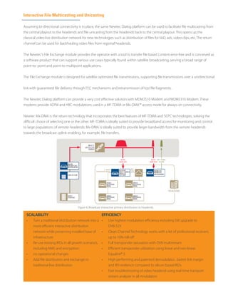 SCALABILITY
•	 Turn a traditional distribution network into a
more efficient interactive distribution
network while preserving installed base of
infrastructure
•	 Re-use existing IRDs in all growth scenario’s,
including NMS and encryption:
•	 no operational changes
•	 Add file distribution and exchange to
traditional live distribution
Interactive File Multicasting and Unicasting
Assuming bi-directional connectivity is in place, the same Newtec Dialog platform can be used to facilitate file multicasting from
the central playout to the headends and file unicasting from the headends back to the central playout. This opens up the
classical video live distribution network for new technologies such as distribution of files for VoD, ads, video clips, etc. The return
channel can be used for backhauling video files from regional headends.
The Newtec’s File Exchange module provides the operator with a tool to transfer file based content error-free and is conceived as
a software product that can support various use cases typically found within satellite broadcasting, serving a broad range of
point-to- point and point-to-multipoint applications.
The File Exchange module is designed for satellite optimized file transmissions, supporting file transmissions over a unidirectional
link with guaranteed file delivery through FEC mechanisms and retransmission of lost file fragments.
The Newtec Dialog platform can provide a very cost effective solution with MDM2510 Modem and MDM3310 Modem. These
modems provide 4CPM and HRC modulations used in a MF-TDMA or Mx-DMA™ access mode for always-on connectivity.
Newtec Mx-DMA is the return technology that incorporates the best features of MF-TDMA and SCPC technologies, solving the
difficult choice of selecting one or the other. MF-TDMA is ideally suited to provide broadband access for monitoring and control
to large populations of remote headends. Mx-DMA is ideally suited to provide larger bandwidth from the remote headends
towards the broadcast uplink enabling, for example, file transfers.
Figure 6: Broadcast interactive primary distribution to headends
EFFICIENCY
•	 Use highest modulation efficiency including SW upgrade to
DVB-S2X
•	 Clean Channel Technology works with a lot of professional receivers
up to 10% roll-off
•	 Full transponder saturation with DVB multistream
•	 Efficient transponder utilization using linear and non-linear
Equalink® 3
•	 High performing and patented demodulator : better link margin
and RFI resilience compared to silicon based IRDs
•	 Fast troubleshooting of video headend using real-time transport
stream analyzer in all modulators
 