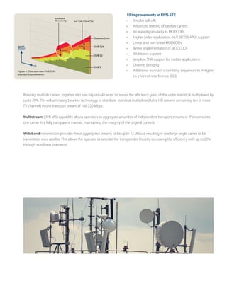 Bonding multiple carriers together into one big virtual carrier, increases the efficiency gains of the video statistical multiplexed by
up to 20%. This will ultimately be a key technology to distribute statistical multiplexed Ultra HD streams containing ten or more
TV channels in one transport stream of 160-220 Mbps.
Multistream (DVB MIS) capability allows operators to aggregate a number of independent transport streams or IP streams into
one carrier in a fully transparent manner, maintaining the integrity of the original content.
Wideband transmission provides these aggregated streams to be up to 72 MBaud, resulting in one large single carrier to be
transmitted over satellite. This allows the operator to saturate the transponder, thereby increasing the efficiency with up to 20%
through non-linear operation.
10 Improvements in DVB-S2X
•	 Smaller roll-offs
•	 Advanced filtering of satellite carriers
•	 Increased granularity in MODCODs
•	 Higher order modulation: 64/128/256 APSK support
•	 Linear and non-linear MODCODs
•	 Better implementation of MODCODs
•	 Wideband support
•	 Very low SNR support for mobile applications
•	 Channel bonding
•	 Additional standard scrambling sequences to mitigate
co-channel-interference (CCI)
 