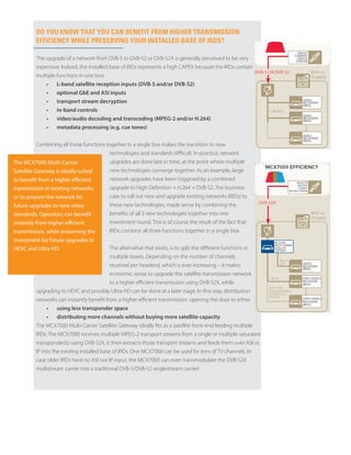 DO YOU KNOW THAT YOU CAN BENEFIT FROM HIGHER TRANSMISSION
EFFICIENCY WHILE PRESERVING YOUR INSTALLED BASE OF IRDS?
The upgrade of a network from DVB-S to DVB-S2 or DVB-S2X is generally perceived to be very
expensive. Indeed, the installed base of IRDs represents a high CAPEX because the IRDs contain
multiple functions in one box:
•	 L-band satellite reception inputs (DVB-S and/or DVB-S2)
•	 optional GbE and ASI inputs
•	 transport stream decryption
•	 in-band controls
•	 video/audio decoding and transcoding (MPEG-2 and/or H.264)
•	 metadata processing (e.g. cue tones)
Combining all those functions together in a single box makes the transition to new
technologies and standards difficult. In practice, network
upgrades are done late in time, at the point where multiple
new technologies converge together. As an example, large
network upgrades have been triggered by a combined
upgrade to High Definition + H.264 + DVB-S2. The business
case to roll out new and upgrade existing networks (IRDs) to
these new technologies, made sense by combining the
benefits of all 3 new technologies together into one
investment round. This is of course the result of the fact that
IRDs combine all three functions together in a single box.
The alternative that exists, is to split the different functions in
multiple boxes. Depending on the number of channels
received per headend, which is ever increasing – it makes
economic sense to upgrade the satellite transmission network
to a higher efficient transmission using DVB-S2X, while
upgrading to HEVC and possibly Ultra HD can be done at a later stage. In this way, distribution
networks can instantly benefit from a higher efficient transmission, opening the door to either
•	 using less transponder space
•	 distributing more channels without buying more satellite capacity
The MCX7000 Multi-Carrier Satellite Gateway ideally fits as a satellite front-end feeding multiple
IRDs. The MCX7000 receives multiple MPEG-2 transport streams from a single or multiple saturated
transponder(s) using DVB-S2X. It then extracts those transport streams and feeds them over ASI or
IP into the existing installed base of IRDs. One MCX7000 can be used for tens of TV channels. In
case older IRDs have no ASI nor IP input, the MCX7000 can even transmodulate the DVB-S2X
multistream carrier into a traditional DVB-S/DVB-S2 singlestream carrier!
The MCX7000 Multi-Carrier
Satellite Gateway is ideally suited
to benefit from a higher efficient
transmission in existing networks,
or to prepare the network for
future upgrades to new video
standards. Operators can benefit
instantly from higher efficient
transmission, while preserving the
investment for future upgrades to
HEVC and Ultra HD.
 