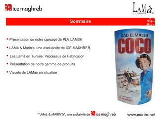 ▪   Présentation de notre concept de PLV LAMà® ▪   LAMà & Marin’s, une exclusivité de ICE MAGHREB ▪   Les Lamà en Tunisie: Processus de Fabrication ▪   Présentation de notre gamme de produits ▪   Visuels de LAMàs en situation Sommaire 