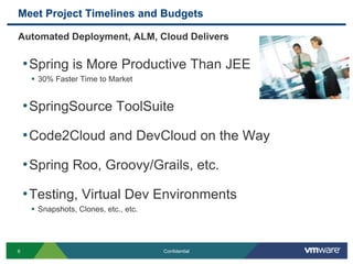 Meet Project Timelines and BudgetsAutomated Deployment, ALM, Cloud DeliversSpring is More Productive Than JEE30% Faster Time to MarketSpringSourceToolSuiteCode2Cloud and DevCloud on the WaySpring Roo, Groovy/Grails, etc.Testing, Virtual Dev EnvironmentsSnapshots, Clones, etc., etc.6Confidential