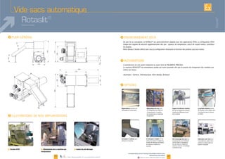 Vide sacs automatique
Rotaslit®
I I
I
Rotaslit®
40
www.palamaticprocess.fr/machines-industrielles/solutions-sacs
/dessacheuse-automatique
Vidéos & plans téléchargeables en ligne
41
Dépoussiéreur
Convoyeur à rouleaux pour Le convoyeur à bande
Manipulateur de sacs pour
d'ergonomie
Support de réhausse machine
Pré-concassage des sacs Fabrication acier-inox pour
La goulotte vibrante permet
en amont
I
®
de rotation.
I
F Alimentation de la machine par
manipulateur
F Lames de pré-découpeF Version ATEX
Système breveté
Plans téléchargeables sur www.palamaticprocess.fr
 