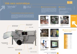 Vide sacs automatique
Varislit®
42
F Découpe automatique des sacs pour F Compacteur à vis
F Vue intérieure
pactage
Avantages
F Pignonerie extérieure
I I
teur
Varislit®
EXISTE
SUR
MESURE
43
Zone de coupe
www.palamaticprocess.fr/machines-industrielles/solutions-sacs
/dessacheuse-automatique
Vidéos & plans téléchargeables en ligne
I
minute
Dicalite
Sucre
Ciment
Sulfate d'ammonium
Lait en poudre
Terre de filtration
F Écran tactile de contrôle
Technologie PalTouch®
F Les sacs sont découpés sur 3 faces
F La manutention est facilitée pour
Trappe
Système breveté
Cadence :
Capacité :
Fabrication
 
