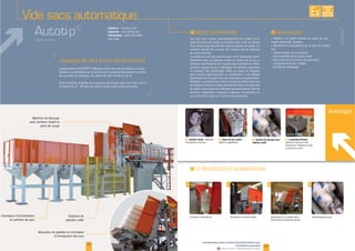 Vide sacs automatique
Autotip®
F Tambour rotatif F Système de découpe avec
tambour rotatif
F La goulotte vibrante
Avantages
F Types de sacs traités
I
teur
Autotip®
EXISTE
SUR
MESURE
47
À TRÈ
46
I
www.palamaticprocess.fr/machines-industrielles/solutions-sacs
/dessacheuse-automatique
Vidéos & plans téléchargeables en ligne
I
1 3 42
lame de coupe
Alimentation en palette pleine
Système breveté
Cadence :
Capacité :
Fabrication
 