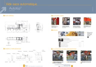 Vide sacs automatique
Autotip®
II
I
Autotip®
www.palamaticprocess.fr/machines-industrielles/solutions-sacs
/dessacheuse-automatique
Vidéos & plans téléchargeables en ligne
49
48
Convoyeur sacs pour le Compacteur de sacs vides Dépalettiseur automatique Goulotte vibrante pour faciliter
Compacteur de sacs videsArmoire de commande
Déchargement palettes vides
Chargement palettes pleines
I
I
F Ligne de craquage de sacs chez
un fabricant de polyéthylène
F Usine d'injection plastique F Alimentation du site par extru-
sion
pressure blower
fibc unloading station infeed conveyors
rotary valve speed set box
pallets of sacks
pallets tipping section sacks opening section
rotary valve speed set box
powder conveying piping
dedusting unit
buffer hopper rotary valve
truck loading spout
Système breveté
Plans téléchargeables sur www.palamaticprocess.fr
 