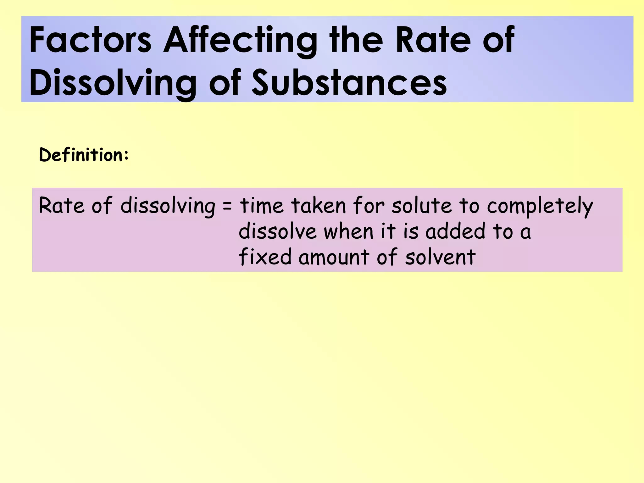 Factors Affecting the Rate of   Dissolving of Substances     Rate of dissolving = time taken for solute to completely   dissolve when it is added to a   fixed amount of solvent Definition: 