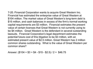 7-20. Financial Corporation wants to acquire Great Western Inc.
Financial has estimated the enterprise value of Great Western at
$104 million. The market value of Great Western’s long-term debt is
$15 million, and cash balances in excess of the firm’s normal working
capital requirements are $3 million. Financial estimates the present
value of certain licenses that Great Western is not currently using to
be $4 million. Great Western is the defendant in several outstanding
lawsuits. Financial Corporation’s legal department estimates the
potential future cost of this litigation to be $3 million, with an
estimated present value of $2.5 million. Great Western has 2 million
common shares outstanding. What is the value of Great Western per
common share?
Answer: ($104 + $3 + $4 - $15 - $2.5) / 2 = $46.75
 