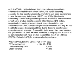 8-12. LAFCO Industries believes that its two primary product lines,
automotive and commercial aircraft valves, are rapidly becoming
obsolete. Its free cash flow is rapidly diminishing as it loses market share
to new firms entering its industry. LAFCO has $200 million in debt
outstanding. Senior management expects the automotive and commercial
aircraft valve product lines to generate $25 million and $15 million,
respectively, in earnings before interest, taxes, depreciation, and
amortization next year. Senior management also believes that they will not
be able to upgrade these product lines due to declining cash flow and
excessive current leverage. A competitor to its automotive valve business
last year sold for 10 times EBITDA. Moreover, a company that is similar to
its commercial aircraft valve product line sold last month for 12 times
EBITDA. Estimate LAFCO’s breakup value before taxes.
Answer: PV (automotive valves) = 25 x 10 = $250
PV (aircraft valves) = 15 x 12 = $180
Less outstanding debt = $200
Break-up value = $230
 