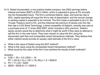 8-13. Siebel Incorporated, a non-publicly traded company, has 2002 earnings before
interest and taxes (EBIT) of $33.3 million, which is expected to grow at 5% annually
into the foreseeable future. The firm’s combined federal, state, and local tax rate is
40%; capital spending will equal the firm’s rate of depreciation; and the annual change
in working capital is expected to be minimal. The firm’s beta is estimated to be 2.0, the
10-year Treasury bond is 5%, and the historical risk premium of stocks over the risk-
free rate is 5.5%.Rand Technology, a direct competitor of Siebel’s, recently was sold at
a purchase price of 11 times 2002 EBIT, which included a 20% premium. Siebel’s
equity owners would like to determine what it might be worth if they were to attempt to
sell the firm in the near future. They have chosen to value the firm using the
discounted cash flow and comparable recent transactions methods. They believe that
either method would provide an equally valid estimate of the firm’s value.
a. What is the value of Siebel using the DCF method?
b. What is the value using the comparable recent transactions method?
c. What would be the value of the firm if we combine the results of both methods?
Answers:
a. COE = .05 + 2.0 (.055) = .16
PV = (33.3(1-.4) x 1.05 / (.16-.05)) x 1.2 = $228.9
b. PV = 11 x 20 = $220
c. ($220 + $228.9) / 2 = $224.5
 