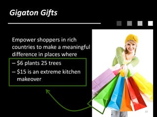 Gigaton Gifts
Empower shoppers in rich
countries to make a meaningful
difference in places where
– $6 plants 25 trees
– $1...