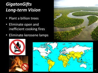 GigatonGifts
Long-term Vision
• Plant a billion trees
• Eliminate open and
inefficient cooking fires
• Eliminate kerosene ...