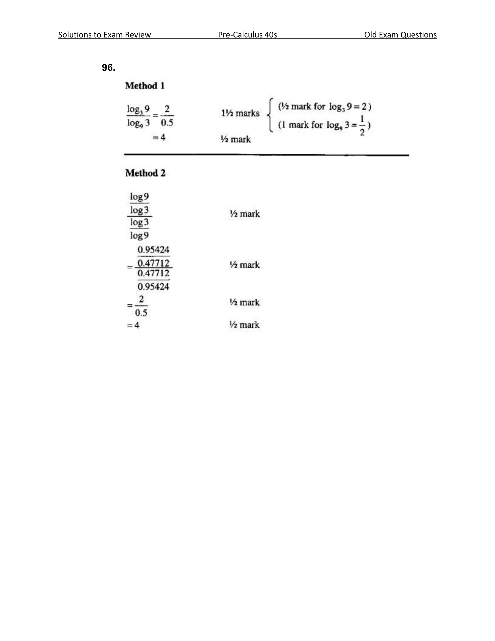 Solutions to Exam Review   Pre-Calculus 40s   Old Exam Questions


           96.
 