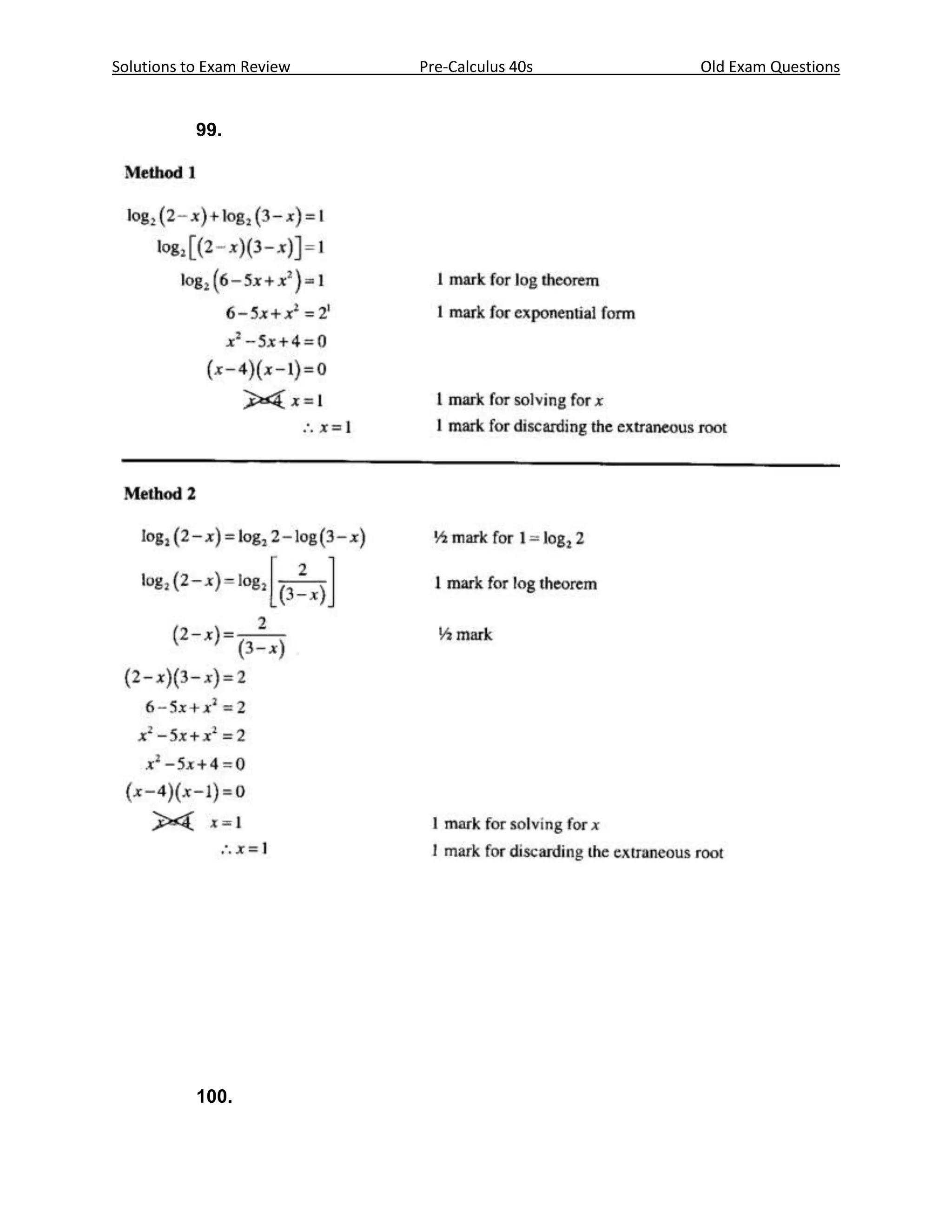 Solutions to Exam Review   Pre-Calculus 40s   Old Exam Questions


           99.




           100.
 