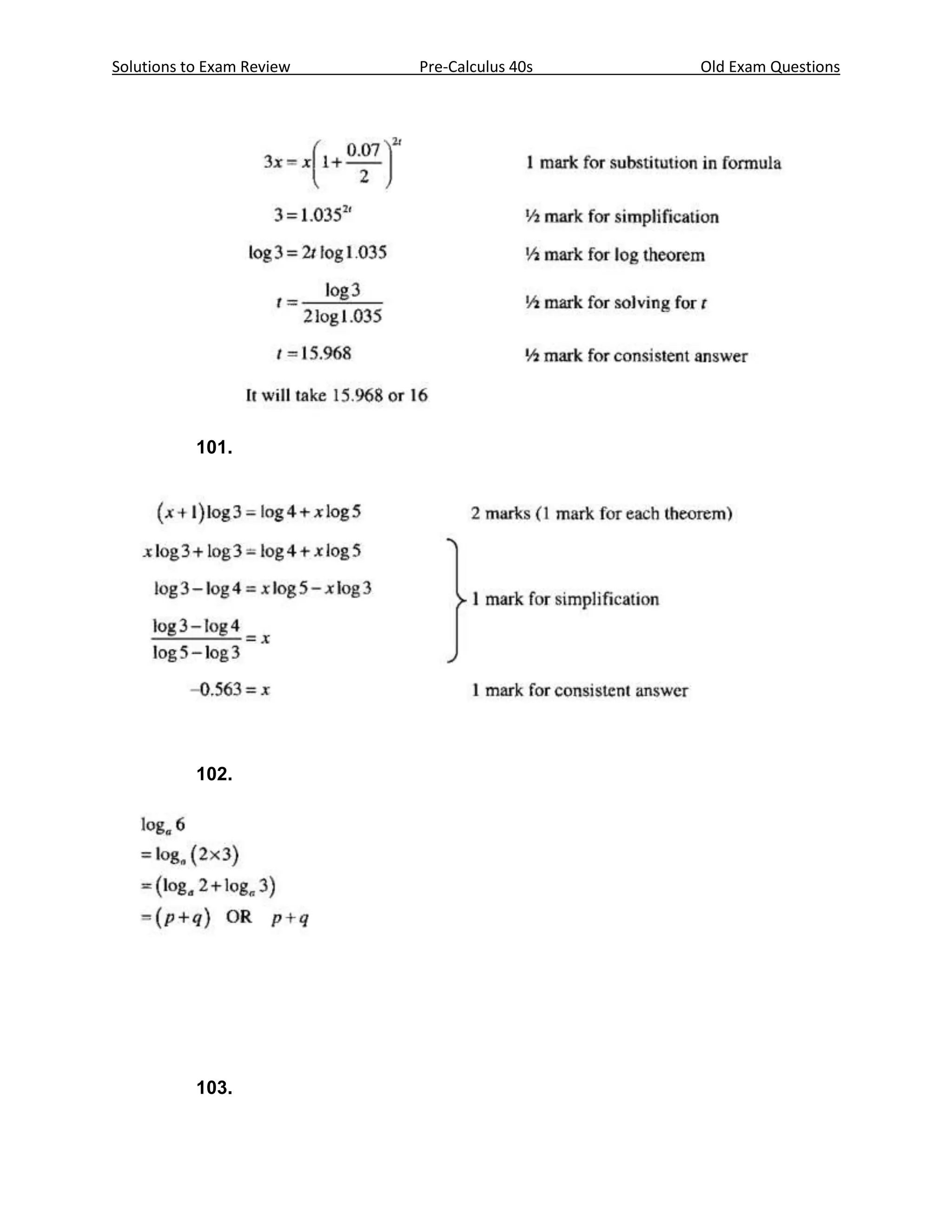 Solutions to Exam Review   Pre-Calculus 40s   Old Exam Questions




           101.




           102.




           103.
 