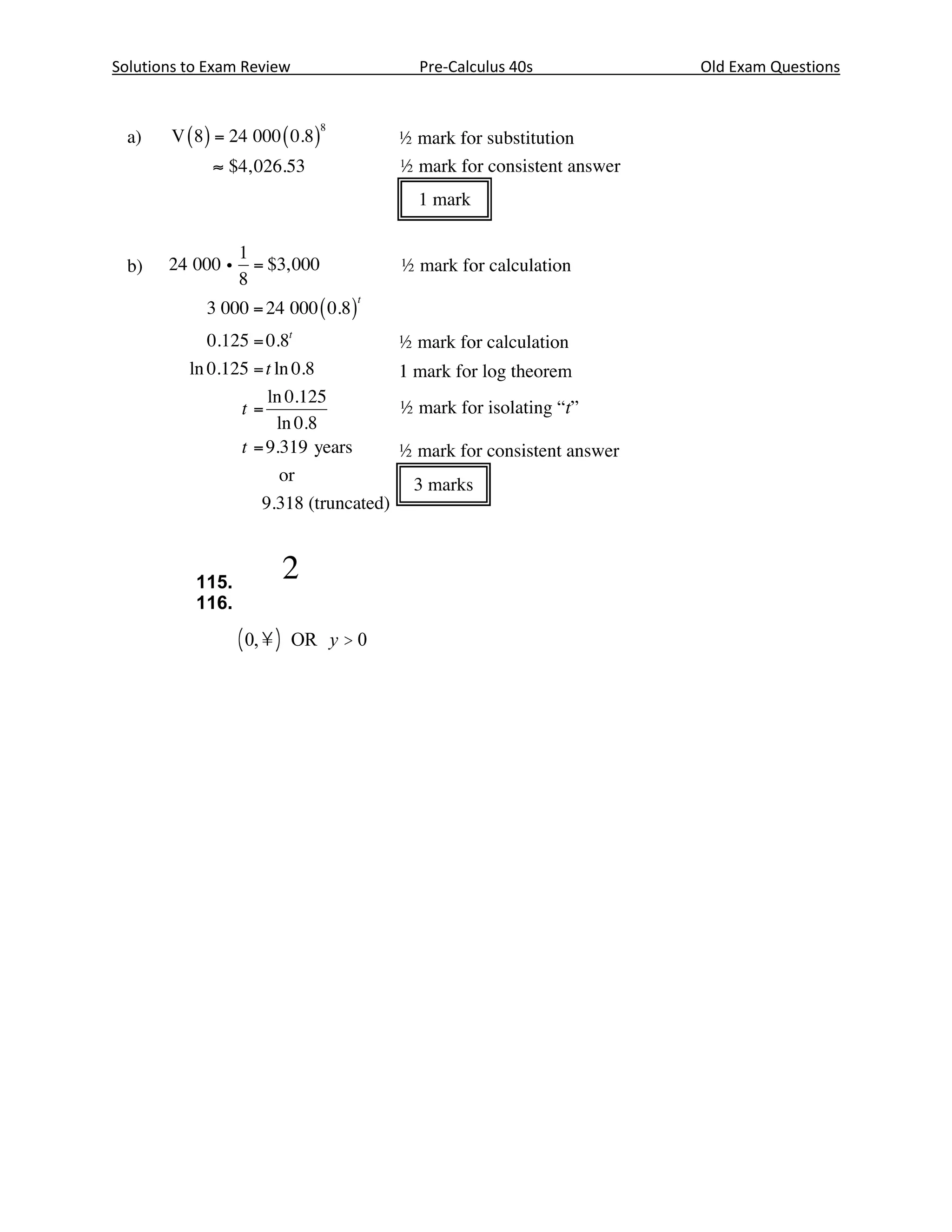 Solutions to Exam Review                   Pre-Calculus 40s                 Old Exam Questions




                Question No. 35
                                                              Outcome: D1, B3

                State the range of the function f ( x ) = 2- x .


           115.
           116.
                Answer

                ( 0, ¥ )   OR y > 0      1 mark
 