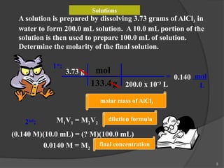 8
A solution is prepared by dissolving 3.73 grams of AlCl3 in
water to form 200.0 mL solution. A 10.0 mL portion of the
solution is then used to prepare 100.0 mL of solution.
Determine the molarity of the final solution.
1st
:
= mol
L
3.73 g
g
133.4
mol
200.0 x 10-3
L
0.140
2nd
: M1V1 = M2V2
(0.140 M)(10.0 mL) = (? M)(100.0 mL)
0.0140 M = M2
molar mass of AlCl3
dilution formula
final concentration
Solutions
 