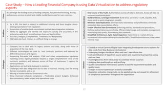 It is amongst the leading financial holding company, has provided financing, leasing
and advisory services to small and middle market businesses for over a century
Client
• As a SIFI, the bank is subject to additional scrutiny and faces tougher stress-
testing expectations from regulators
• Acquisition of another bank necessitated multiple data integration initiatives.
• Ability to aggregate and identify risk exposures quickly and accurately at the
enterprise-wide level, across business lines and legal entities
• Accuracy, Integrity, Completeness, Timeliness and Adaptability
• Old habits die hard. Culture is a difficult thing to change.
Problem
• Company has to deal with its legacy systems and data, along with those of
acquisition of the new bank.
• Different technologies are used to host contracts, positions and balances for
different businesses and regions
• Supporting firm-wide risk analysis, CCAR and other comprehensive regulatory
reporting across regions/products requires a single comprehensive view of the
contracts, positions and balances across all lines of businesses / regions for
various products
• Applications are built and deployed in isolation
• Challenges with data integration due to data is incorrect, missing, uses the wrong
format, incomplete, and so on
• Missing of master data and Governance rules
• Show improved schedule compliance , Predictable project budgets, Enhanced
data consistency, lower project and operational costs
Challenges
One Source of the Truth: Authoritative sources of data by domains, Access all data via
common provisioning point
Build for Reuse, Leverage Investment: Build once, use many – CCAR, Liquidity, Risk,
Avoid point-to-point integration, simplify
Minimize Data Replication: Eliminate data redundancy and proliferation, Eliminate
redundant data reconciliation efforts.
Enable Effective Data Governance: Enforcing policies, standards and procedures,
Defining authoritative source of data, Efficient data lineage and metadata management,
Monitoring data quality, Empowering data stewards
Simplified Architecture, Agile Data Integration: Faster time-to-market delivery,
Incremental information delivery via standard APIs, Simplified architecture, data makes
minimal hops
ArchitectureConsideration
• Created an virtual Canonical logical layer integrating the desperate source systems for
data needs from New Business into Customer
• Underlying changes should not affect end user’s view of the data
• Early identification of Gaps from source system and requirement perspective saving
cost and time
• Involving Business from initial phase to avoid last minute surprises
• Analyzing data quality upfront and certifying
• Quickly consolidation from various systems to see the requirement feasibility and
quality issues
• Changes to source systems can be easily sustainable
• Regulation and policy change rules can be applied quickly and viewed for refinement
of compliance parameters throughout the organization
Solution
Case Study – How a Leading Financial Company is using Data Virtualization to address regulatory
aspects
17
 
