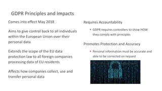 GDPR Principles and Impacts
Comes into effect May 2018
Aims to give control back to all individuals
within the European Union over their
personal data
Extends the scope of the EU data
protection law to all foreign companies
processing data of EU residents
Affects how companies collect, use and
transfer personal data
Requires Accountability
▪ GDPR requires controllers to show HOW
they comply with principles
Promotes Protection and Accuracy
▪ Personal information must be accurate and
able to be corrected on request
▪ On-line access (360 degree view)
 