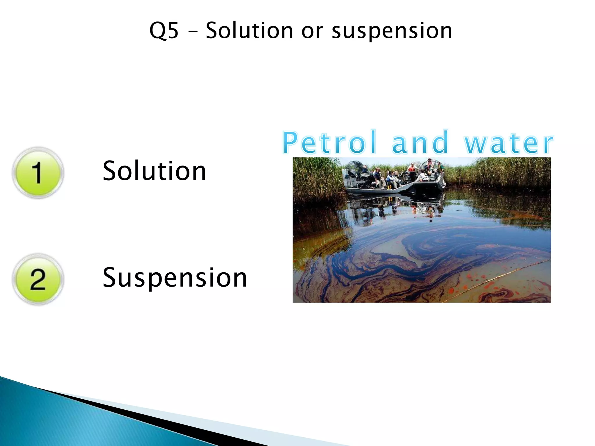Q6 – Solution or suspension
Solution
Suspension