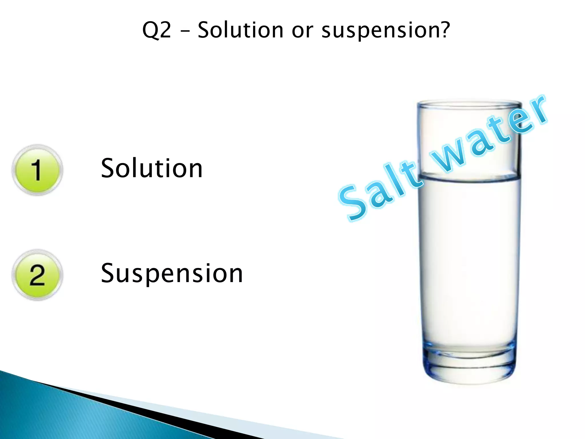Q3 – Solution or suspension?
Solution
Suspension