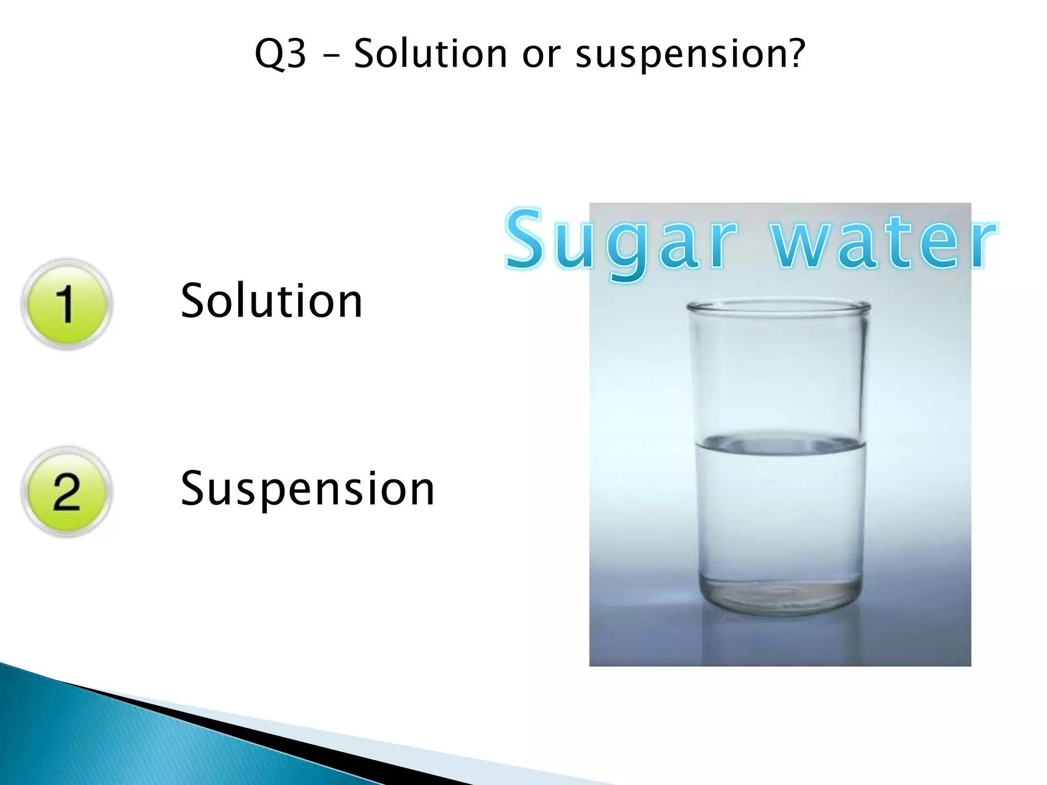 Q4 – Solution or suspension
Solution
Suspension