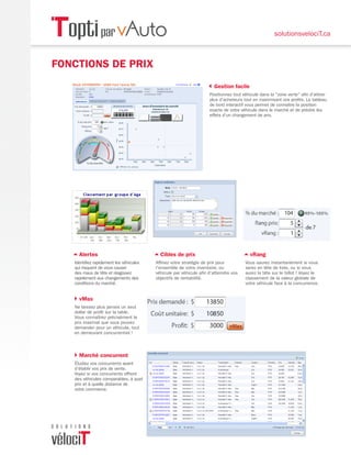 solutionsvelociT.ca



FONCTiONS de Prix
                                                                   3Gestion facile
                                                                    Positionnez tout véhicule dans la "zone verte" afin d'attirer
                                                                    plus d'acheteurs tout en maximisant vos profits. Le tableau
                                                                    de bord interactif vous permet de connaître la position
                                                                    exacte de votre véhicule dans le marché et de prédire les
                                                                    effets d'un changement de prix.




   5alertes                              5Cibles de prix                              5vrang
   Identifiez rapidement les véhicules   Affinez votre stratégie de prix pour         Vous saurez instantanément si vous
   qui risquent de vous causer           l'ensemble de votre inventaire, ou           serez en tête de liste, ou si vous
   des maux de tête et réagissez         véhicule par véhicule afin d'atteindre vos   aurez la tête sur le billot ! Voyez le
   rapidement aux changements des        objectifs de rentabilité.                    classement de la valeur globale de
   conditions du marché.                                                              votre véhicule face à la concurrence.


   4vMax
   Ne laissez plus jamais un seul
   dollar de profit sur la table.
   Vous connaîtrez précisément le
   prix maximal que vous pouvez
   demander pour un véhicule, tout
   en demeurant concurrentiel !



   4Marché concurrent
   Étudiez vos concurrents avant
   d'établir vos prix de vente.
   Voyez si vos concurrents offrent
   des véhicules comparables, à quel
   prix et à quelle distance de
   votre commerce.
 