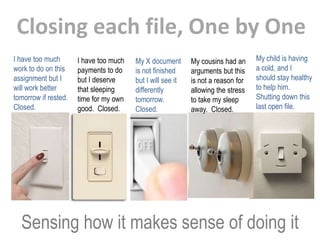 Closing each file, One by One
I have too much       I have too much   My X document       My cousins had an     My child is having
work to do on this    payments to do    is not finished     arguments but this    a cold, and I
assignment but I      but I deserve     but I will see it   is not a reason for   should stay healthy
will work better      that sleeping     differently         allowing the stress   to help him.
tomorrow if rested.   time for my own   tomorrow.           to take my sleep      Shutting down this
Closed.               good. Closed.     Closed.             away. Closed.         last open file.




  Sensing how it makes sense of doing it
 