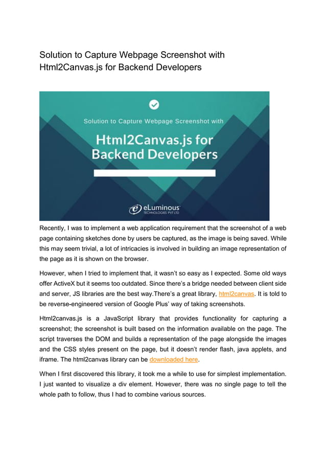 Solution to capture webpage screenshot with html2 canvas js for backend