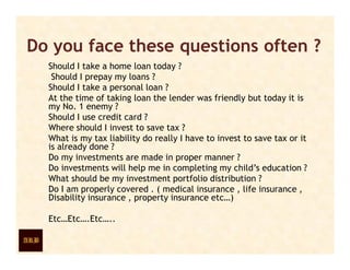 Do you face these questions often ?
  Should I take a home loan today ?
   Should I prepay my loans ?
  Should I take a personal loan ?
  At the time of taking loan the lender was friendly but today it is
  my No. 1 enemy ?
  Should I use credit card ?
  Where should I invest to save tax ?
  What is my tax liability do really I have to invest to save tax or it
  is already done ?
  Do my investments are made in proper manner ?
  Do investments will help me in completing my child’s education ?
  What should be my investment portfolio distribution ?
  Do I am properly covered . ( medical insurance , life insurance ,
  Disability insurance , property insurance etc…)

  Etc…Etc….Etc…..
 