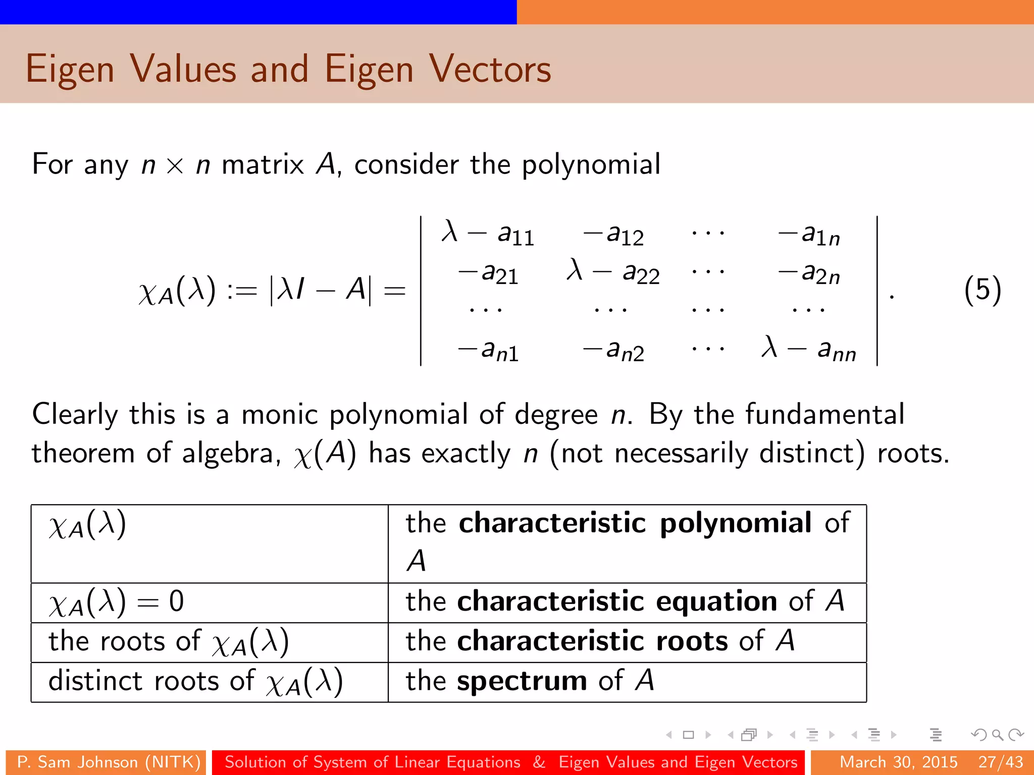 Eigen Values and Eigen Vectors
For any n × n matrix A, consider the polynomial
χA(λ) := |λI − A| =
λ − a11 −a12 · · · −a1n
−a21 λ − a22 · · · −a2n
· · · · · · · · · · · ·
−an1 −an2 · · · λ − ann
. (5)
Clearly this is a monic polynomial of degree n. By the fundamental
theorem of algebra, χ(A) has exactly n (not necessarily distinct) roots.
χA(λ) the characteristic polynomial of
A
χA(λ) = 0 the characteristic equation of A
the roots of χA(λ) the characteristic roots of A
distinct roots of χA(λ) the spectrum of A
P. Sam Johnson (NITK) Solution of System of Linear Equations & Eigen Values and Eigen Vectors March 30, 2015 27/43
 