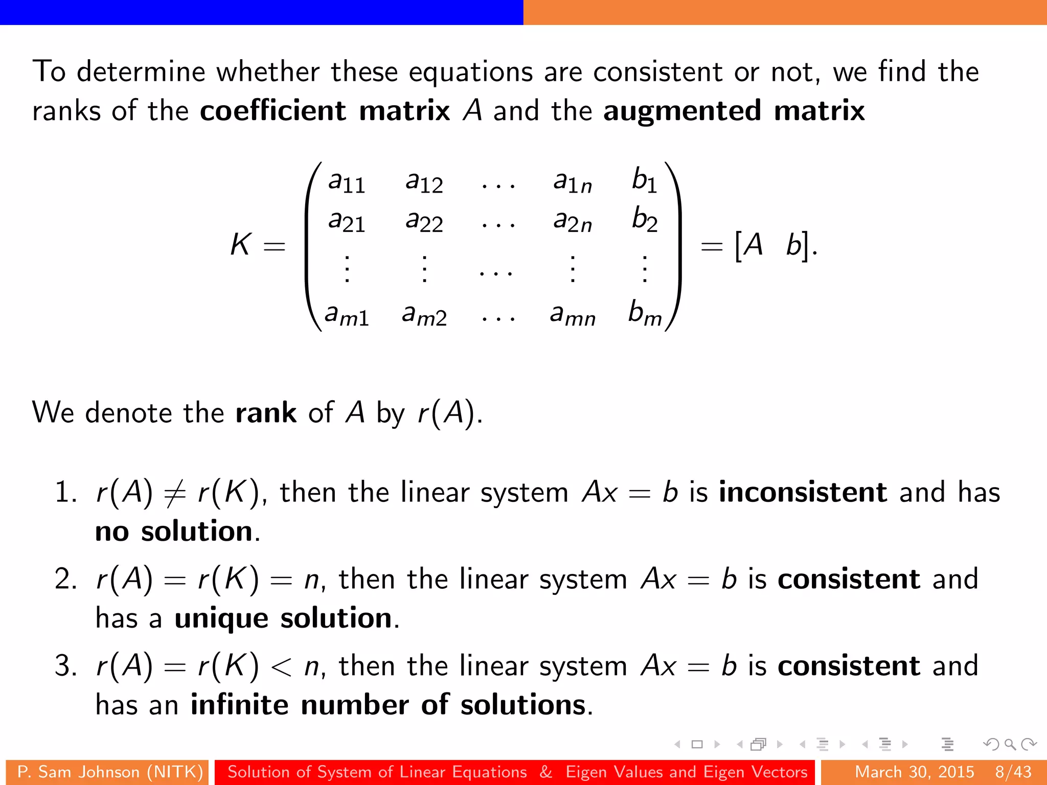 To determine whether these equations are consistent or not, we ﬁnd the
ranks of the coeﬃcient matrix A and the augmented matrix
K =





a11 a12 . . . a1n b1
a21 a22 . . . a2n b2
...
... · · ·
...
...
am1 am2 . . . amn bm





= [A b].
We denote the rank of A by r(A).
1. r(A) = r(K), then the linear system Ax = b is inconsistent and has
no solution.
2. r(A) = r(K) = n, then the linear system Ax = b is consistent and
has a unique solution.
3. r(A) = r(K) < n, then the linear system Ax = b is consistent and
has an inﬁnite number of solutions.
P. Sam Johnson (NITK) Solution of System of Linear Equations & Eigen Values and Eigen Vectors March 30, 2015 8/43
 
