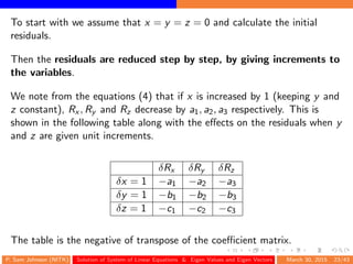 To start with we assume that x = y = z = 0 and calculate the initial
residuals.
Then the residuals are reduced step by step, by giving increments to
the variables.
We note from the equations (4) that if x is increased by 1 (keeping y and
z constant), Rx , Ry and Rz decrease by a1, a2, a3 respectively. This is
shown in the following table along with the eﬀects on the residuals when y
and z are given unit increments.
δRx δRy δRz
δx = 1 −a1 −a2 −a3
δy = 1 −b1 −b2 −b3
δz = 1 −c1 −c2 −c3
The table is the negative of transpose of the coeﬃcient matrix.
P. Sam Johnson (NITK) Solution of System of Linear Equations & Eigen Values and Eigen Vectors March 30, 2015 23/43
 