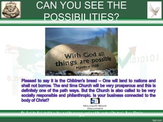 CAN YOU SEE THE
POSSIBILITIES?
The Lo rd thy Go d s hallble ss the e in allthy incre ase and in allthe wo rks o f thy hand – Je s us Chris t is
Lo rd
Microsoft Word
Document
 