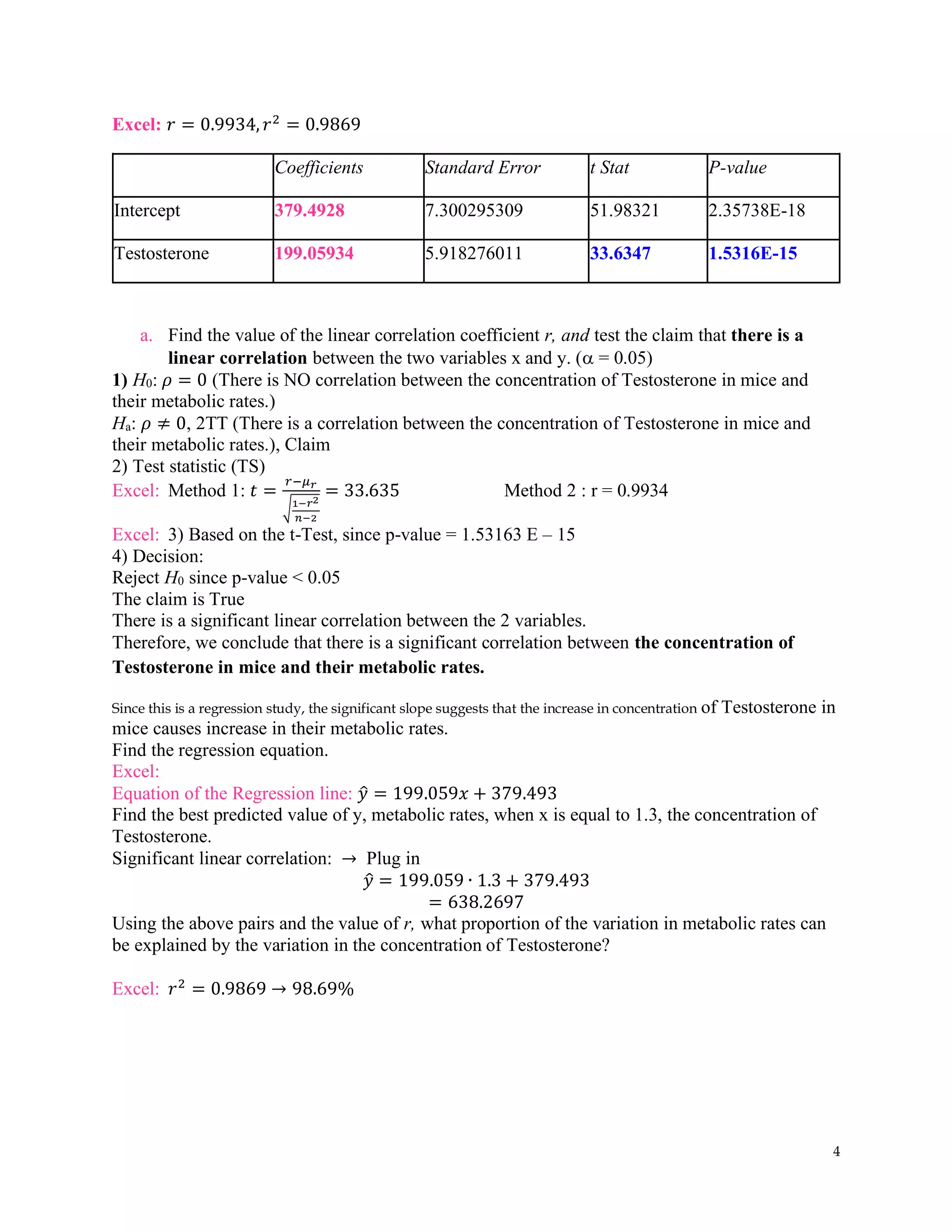4
Excel: 𝑟 = 0.9934, 𝑟2
= 0.9869
Coefficients Standard Error t Stat P-value
Intercept 379.4928 7.300295309 51.98321 2.35738E-18
Testosterone 199.05934 5.918276011 33.6347 1.5316E-15
a. Find the value of the linear correlation coefficient r, and test the claim that there is a
linear correlation between the two variables x and y. ( = 0.05)
1) H0: 𝜌 = 0 (There is NO correlation between the concentration of Testosterone in mice and
their metabolic rates.)
Ha: 𝜌 ≠ 0, 2TT (There is a correlation between the concentration of Testosterone in mice and
their metabolic rates.), Claim
2) Test statistic (TS)
Excel: Method 1: 𝑡 =
𝑟−𝜇𝑟
√1−𝑟2
𝑛−2
= 33.635 Method 2 : r = 0.9934
Excel: 3) Based on the t-Test, since p-value = 1.53163 E – 15
4) Decision:
Reject H0 since p-value < 0.05
The claim is True
There is a significant linear correlation between the 2 variables.
Therefore, we conclude that there is a significant correlation between the concentration of
Testosterone in mice and their metabolic rates.
Since this is a regression study, the significant slope suggests that the increase in concentration of Testosterone in
mice causes increase in their metabolic rates.
Find the regression equation.
Excel:
Equation of the Regression line: 𝑦
̂ = 199.059𝑥 + 379.493
Find the best predicted value of y, metabolic rates, when x is equal to 1.3, the concentration of
Testosterone.
Significant linear correlation: → Plug in
𝑦
̂ = 199.059 ∙ 1.3 + 379.493
= 638.2697
Using the above pairs and the value of r, what proportion of the variation in metabolic rates can
be explained by the variation in the concentration of Testosterone?
Excel: 𝑟2
= 0.9869 → 98.69%
 