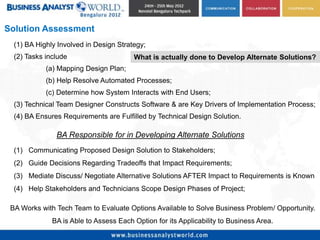 Solution Assessment
  (1) BA Highly Involved in Design Strategy;
  (2) Tasks include                     What is actually done to Develop Alternate Solutions?
            (a) Mapping Design Plan;
            (b) Help Resolve Automated Processes;
            (c) Determine how System Interacts with End Users;
  (3) Technical Team Designer Constructs Software & are Key Drivers of Implementation Process;
  (4) BA Ensures Requirements are Fulfilled by Technical Design Solution.

               BA Responsible for in Developing Alternate Solutions
  (1) Communicating Proposed Design Solution to Stakeholders;
  (2) Guide Decisions Regarding Tradeoffs that Impact Requirements;
  (3) Mediate Discuss/ Negotiate Alternative Solutions AFTER Impact to Requirements is Known
  (4) Help Stakeholders and Technicians Scope Design Phases of Project;

 BA Works with Tech Team to Evaluate Options Available to Solve Business Problem/ Opportunity.
              BA is Able to Assess Each Option for its Applicability to Business Area.
 