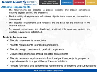 Allocate Requirements
   •     The requirements are allocated to product functions and product components
         including objects, people, and processes.
   •     The traceability of requirements to functions, objects, tests, issues, or other entities is
         documented.
   •     The allocated requirements and functions are the basis for the synthesis of the
         technical solution.
   •     As internal components are developed, additional interfaces are defined and
         interface requirements established.

Tasks to be done are:
    Allocate requirements to functions
        Allocate requirements to product components
        Allocate design constraints to product components
        Document relationships among allocated requirements
        Allocate customer requirements to functional partitions, objects, people, or
         support elements to support the synthesis of solutions
        Allocate functional and performance requirements to functions and sub-functions
 