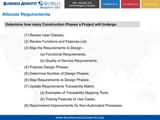 Allocate Requirements

 Determine how many Construction Phases a Project will Undergo


           (1) Review User Classes;
           (2) Review Functions and Features List;
           (3) Map the Requirements to Design -
                    (a) Functional Requirements;
                    (b) Quality of Service Requirements;
           (4) Propose Design Phases;
           (5) Determine Number of Design Phases;
           (6) Map Requirements to Design Phases;
           (7) Update Requirements Traceability Matrix:
                    (a) Examples of Traceability Mapping Tools,
                    (b) Tracing Features to Use Cases;
           (8) Recommend Improvements for Non-Automated Processes
 