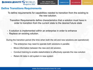 Define Transitions Requirements
     To define requirements for capabilities needed to transition from the existing to
                                   the new solution.
      Transition Requirements define characteristics that a solution must have in
          order to transition from the current state to the desired future state


    - A solution is implemented within an enterprise in order to enhance
    - Replace an existing solution.

   During the transition period (the time when both the old and new solutions are operational)
        -   The enterprise may need to operate both solutions in parallel,
        -   Move information between the new and old solution,
        -   Conduct training to enable stakeholders to effectively operate the new solution
        -   Retain All data in old system in new system
 