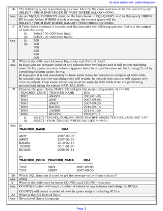 16 The following query is producing an error. Identify the error and also write the correct query.
SELECT * FROM EMP ORDER BY NAME WHERE SALARY>=5000;
Ans. As per MySQL, ORDER BY must be the last clause in SQL QUERY, and in this query ORDER
BY is used before WHERE which is wrong, the correct query will be:
SELECT * FROM EMP WHERE SALARY>=5000 ORDER BY NAME;
17 If Table Sales contains 5 records and Raj executed the following queries; find out the output
of both the query.
(i) Select 100+200 from dual;
(ii) Select 100+200 from Sales;
Ans. (i) 300
(ii) 300
300
300
300
300
18 What is the difference between Equi-Join and Natural Join?
Ans. In Equi join we compare value of any column from two tables and it will return matching
rows. In Equi-join common column appears twice in output because we fetch using (*) not by
specifying column name. for e.g.
In Equi-join it is not mandatory to have same name for column to compare of both table
In natural join also the matching rows will return. In natural join column will appear only
once in output. Then name of column must be same in both table if we are performing
natural join using the clause NATURAL JOIN.
19 Observe the given Table TEACHER and give the output of question (i) and (ii)
TEACHER_CODE TEACHER_NAME DOJ
T001 ANAND 2001-01-30
T002 AMIT 2007-09-05
T003 ANKIT 2007-09-20
T004 BALBIR 2010-02-15
T005 JASBIR 2011-01-20
T006 KULBIR 2008-07-11
(i) SELECT TEACHER_NAME,DOJ FROM TEACHER WHERE TEACHER_NAME LIKE „%I%‟
(ii) SELECT * FROM TEACHER WHERE DOJ LIKE „%-09-%‟;
Ans (i)
TEACHER_NAME DOJ
-------------------------------------------------------
AMIT 2007-09-05
ANKIT 2007-09-20
BALBIR 2010-02-15
JASBIR 2011-01-20
KULBIR 2008-07-11
(ii)
TEACHER_CODE TEACHER_NAME DOJ
----------------------------------------------------------------------
T002 AMIT 2007-09-05
T003 ANKIT 2007-09-20
20 Which SQL function is used to get the average value of any column?
Ans. AVG()
21 What is the difference between COUNT() and COUNT(*) function
Ans. COUNT() function will count number of values in any column excluding the NULLs
COUNT(*) will count number of rows in query output including NULLs
22 What is the full form of SQL?
Ans. Structured Query Language
for more details visit : python4csip.com
Page :2
 