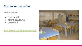 Scuola senza zaino
3 valori di base
● OSPITALITÀ
● RESPONSABILITÀ
● COMUNITÀ
https://www.scuolasenzazaino.org/
 