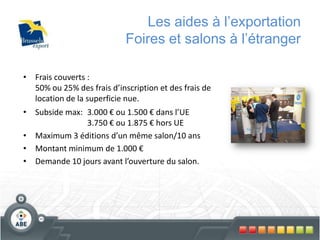 Les aides à l’encadrementet à la transmission de savoirAides  à la formation externeMicro, petites et moyennes entreprisesSiège en Région de Bruxelles-CapitaleQuelques secteurs d’activités sont exclus(pharmacies, notaires et huissiers, santé et action sociale…)Caractère exceptionnel ou urgent
