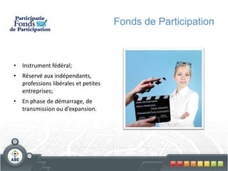 Fonds de ParticipationInstrument fédéral;Réservé aux indépendants, professions libérales et petites entreprises; En phase de démarrage, de transmission ou d’expansion.