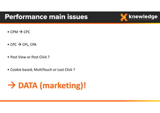 Performance main issues
• CPM  CPC
• CPC  CPL, CPA
• Post View or Post Click ?
• Cookie based, MultiTouch or Last Click ?
 DATA (marketing)!
Gérald Claessens
 