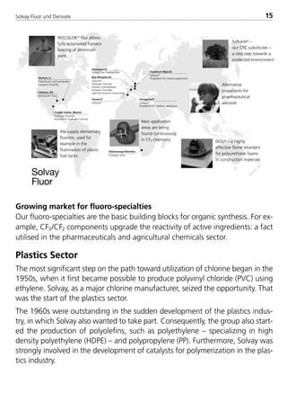 Solvay Fluor und Derivate 15
Growing market for fluoro-specialties
Our fluoro-specialties are the basic building blocks for organic synthesis. For ex-
ample, CF3/CF2 components upgrade the reactivity of active ingredients: a fact
utilised in the pharmaceuticals and agricultural chemicals sector.
Plastics Sector
The most significant step on the path toward utilization of chlorine began in the
1950s, when it first became possible to produce polyvinyl chloride (PVC) using
ethylene. Solvay, as a major chlorine manufacturer, seized the opportunity. That
was the start of the plastics sector.
The 1960s were outstanding in the sudden development of the plastics indus-
try, in which Solvay also wanted to take part. Consequently, the group also start-
ed the production of polyolefins, such as polyethylene – specializing in high
density polyethylene (HDPE) – and polypropylene (PP). Furthermore, Solvay was
strongly involved in the development of catalysts for polymerization in the plas-
tics industry.
Catoosa, OK
NOCOLOK Flux
Tarragona/E
Solkane
Propellants for medical application
Frankfurt/Main/D
Solkane
Propellants for medical application
Hannover/D
Solvay Fluor Headquarter
Tavaux/F
Solkane
Bad Wimpfen/D
Solkane
Hydrogen fluoride
Organic intermediates
Inorganic fluorides
Specialty fluorine compounds
Alorton, IL
Hydrofluoric acid semigrade
Inorganic fluorides
Ciudad Juárez, Mexico
Hydrogen fluoride
Ammonium hydrogen fluoride
Otjiwarongo/Namibia
Fluorspar mine
NOCOLOK Flux allows
fully automated furnace
brazing of aluminum
parts
We supply elementary
fluorine, used for
example in the
fluorination of plastic
fuel tanks
New application
areas are being
found continuously
in CF3 chemistry IXOL – a highly
effective flame retardant
for polyurethane foams
in construction materials
Alternative
propellants for
pharmaceutical
aerosols
Solkane –
our CFC substitutes –
a vital step towards a
protected environment
Solvay
Fluor
8529 TB E Solkane K1 4.0 25.09.2000 9:32 Uhr Seite 15
 