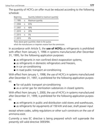 Solvay Fluor und Derivate 177
The quantity of HCFCs on offer must be reduced according to the following
schedule:
Beginning Quantity (related to maximum quantity)
1.1.1995 ≤ Maximum quantity
1.1.2004 ≤ 65%
1.1.2007 ≤ 40%
1.1.2010 ≤ 20%
1.1.2013 ≤ 5%
1.1.2015 0%
These above given quantities relate to the quotas
which the manufacturers or importers receive from the commission.
In accordance with Article 5, the use of HCFCs as refrigerants is prohibited
with effect from January 1, 1996 in systems manufactured after December
31, 1995, for the following application purposes:
s as refrigerants in non confined direct evaporation systems,
s as refrigerants in domestic refrigerators and freezers,
s in car air-conditioning
s in road public transport air-conditioning
With effect from January 1, 1998, the use of HCFCs in systems manufactured
after December 31, 1997, is prohibited for the following application purpos-
es:
s for rail public transport air-conditioning
s as a carrier gas for sterilization substances in closed systems.
With effect from January 1, 2000, the use of HCFCs in systems manufactured
after December 31, 1999, is prohibited for the following application purpos-
es:
s as refrigerants in public and distribution cold stores and warehouses,
s as refrigerants for equipments of 150 kW and over, shaft power input
except where codes, safety regulations or other such constrains on the use of
ammonia exist.
Currently a new EC directive is being prepared which will supersede the
presently still valid directive 3093/94.
8529 TB E Solkane K2.2 4.0 25.09.2000 9:34 Uhr Seite 177
 